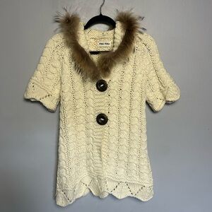 Miu Miu Cream Knit Wool Cardigan Sweater Jacket Fur Trim